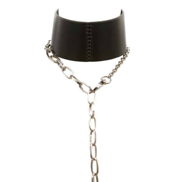 Choker Ebe en cuir noir avec Chaîne argentée et mousqueton d'attache de 0770 chez Brigade Mondaine