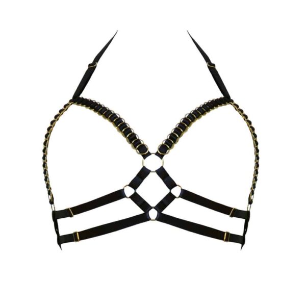 Enneagone harness bra in black satin elastic and gold rings at 13ème Lune at Brigade Mondaine