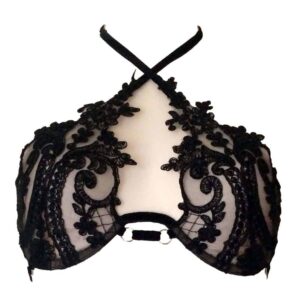 Bra Myrina made of black lace and transparent tulle, attached behind the neck 13ème Lune