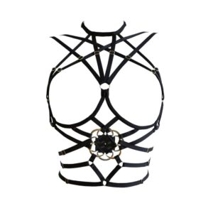 Seed of Life Plastron Harness aus schwarzen, satinierten Gummibändern und Unterbrustblume von 13ème Lune