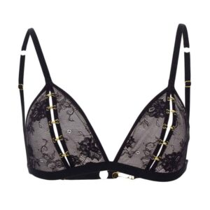 Black triangle bra Guet Apens in fishnet lace with gold tie line in the center to make it open by Atelier Amour at Brigade Mondaine