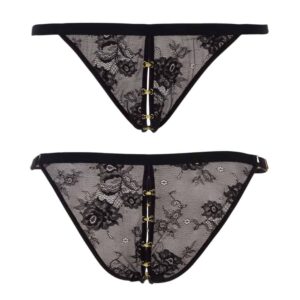 Black Guet Apens lace fishnet panty with d&#039 line;gold center ties to make it fully open by Atelier Amour at Brigade Mondaine