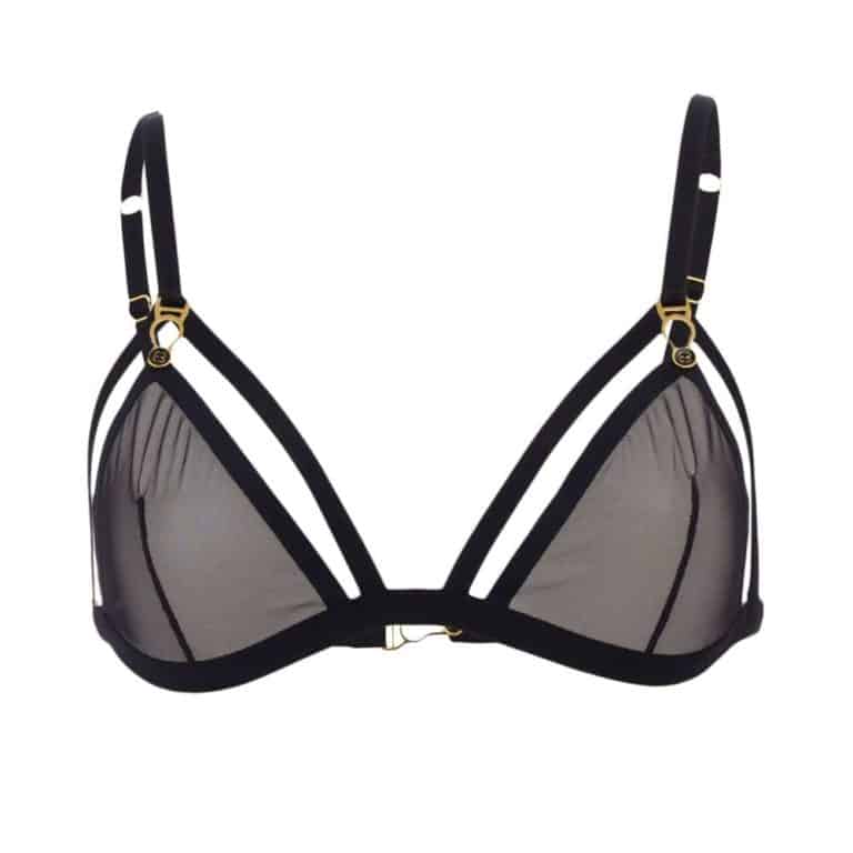 Black lightness unbearable bra in transparent tulle and black elastics, clasps with buttons and golden ties, openable at the front of the chest, by atelier amour at Brigade Mondaine