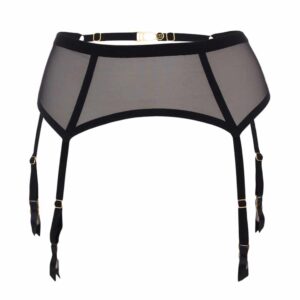 Black suspender belt with sheer fishnet and elegant gold clasp fastenings attaching to buttons Unbearable lightness by atelier amour at Brigade Mondaine