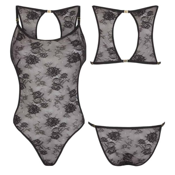 Black lace 2-piece bra/panty bodysuit at l'back Irresistible Attraction by Atelier Amour at Brigade Mondaine