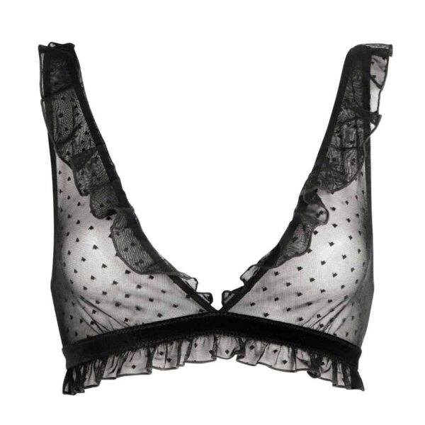 Triangel-BH aus transparentem Mesh mit kleinen Motiven und Rüschen an den Nähten mit Neckholder ATELIER AMOUR bei Brigade Mondaine