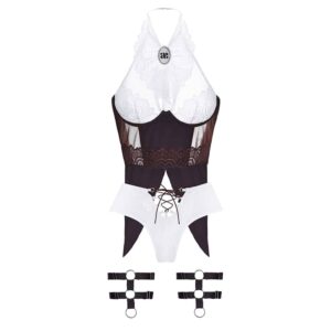 Costume de roleplay cavalière avec string blanc et soutien-gorge bustier blanc et marron avec col en dentelle et jarretières marron BAED STORIS chez Brigade Mondaine