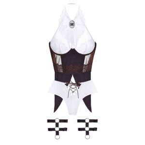 Rider roleplay costume with white thong and white and brown strapless bra with lace collar and brown garters BAED STORIS at Brigade Mondaine