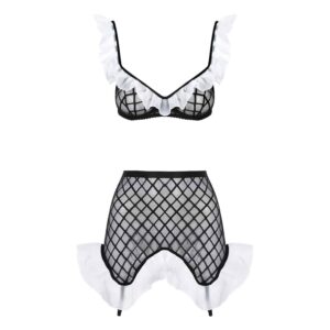 Black mesh and fishnet maid roleplay costume with white flounces, choker necklace, skirt and bra BAED STORIES at Brigade Mondaine