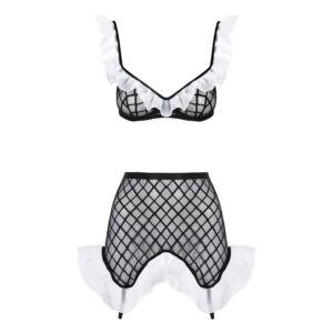 Costume de roleplay de soubrette en résille et mesh noir avec volants blancs, collier choker, jupe et soutien-gorge BAED STORIES chez Brigade Mondaine