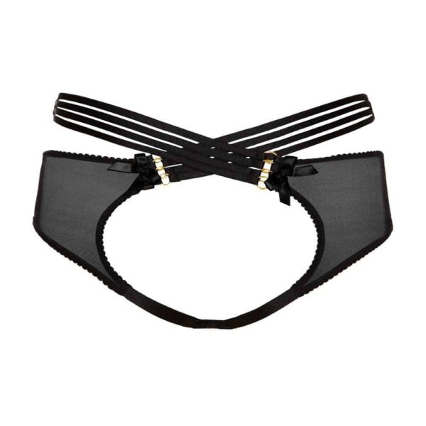 Culotte ouverte Bondage Belle en tulle noir ajustable par élastiques de la collection Signature de Bordelle chez Brigade Mondaine