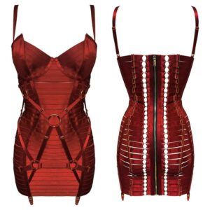 Adjustable bondage dress in red satin elastic with gold details and ties and BORDELLE suspender belt at Brigade Mondaine