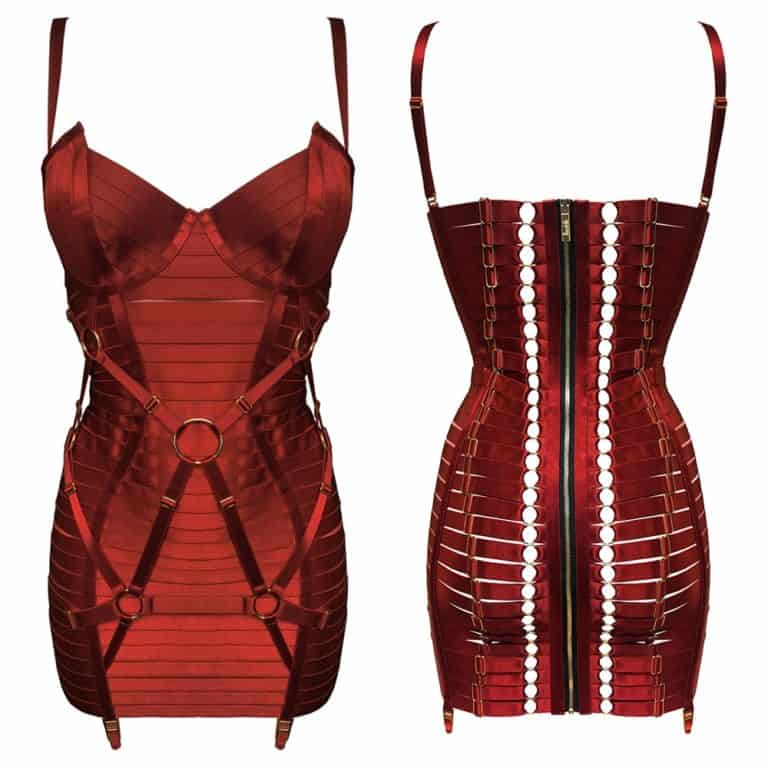 Adjustable bondage dress in red satin elastic with gold details and ties and BORDELLE suspender belt at Brigade Mondaine