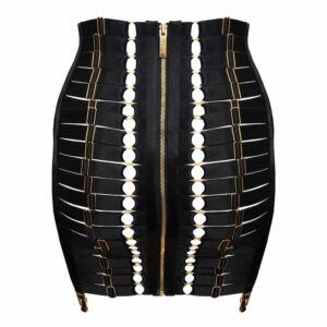 Black satin elastic corset skirt with golden zipper and suspender belt BORDELLE at Brigade Mondaine