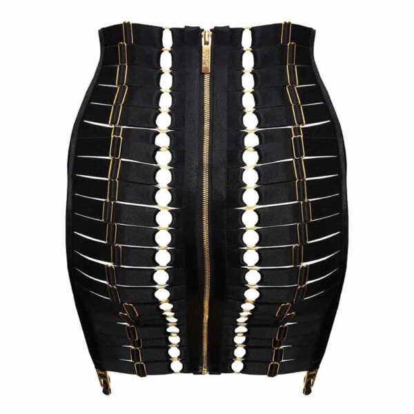 Black satin elastic corset skirt with golden zipper and suspender belt BORDELLE at Brigade Mondaine