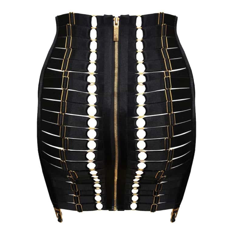 Black satin elastic corset skirt with golden zipper and suspender belt BORDELLE at Brigade Mondaine