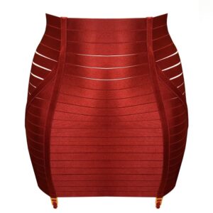 Red bondage skirt corset with adjustable satin elastic and suspender belt BORDELLE at Brigade Mondaine