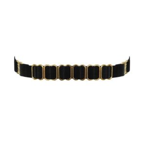 Black satin elastic choker necklace with gold plated attachments and details BORDELLE at Brigade Mondaine