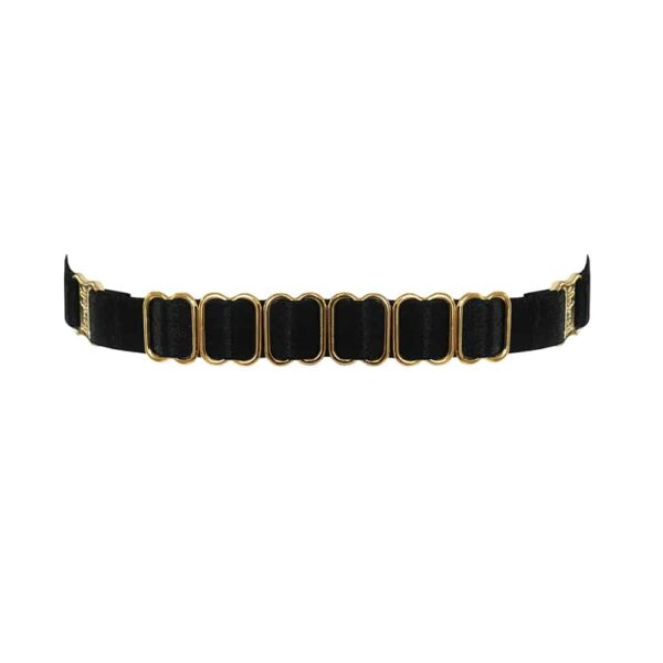 Choker-Halsband aus schwarzem, satiniertem Elastikmaterial mit goldenen Bändern und Details BORDELLE bei Brigade Mondaine