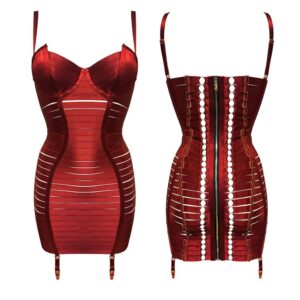 Sexy rotes, elastisches, verstellbares Bondage-Kleid mit Reißverschluss hinten von BORDELLE bei Brigade Mondaine