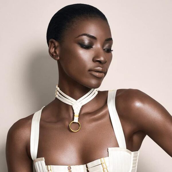 Asobi choker in cream satin elastic and triangle with ring by Bordelle Signature at Brigade Mondaine