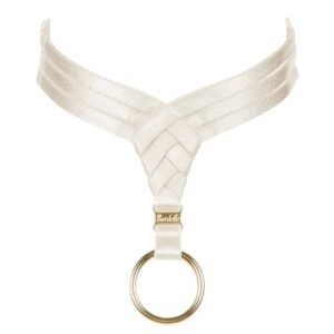 Asobi choker in cream satin elastic and triangle with ring by Bordelle Signature at Brigade Mondaine