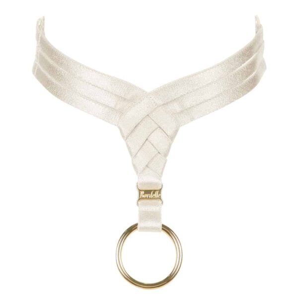 Asobi choker in cream satin elastic and triangle with ring by Bordelle Signature at Brigade Mondaine