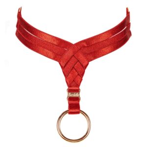 Red choker bondage necklace with triangle front and gold ring by Bordelle at Brigade Mondaine