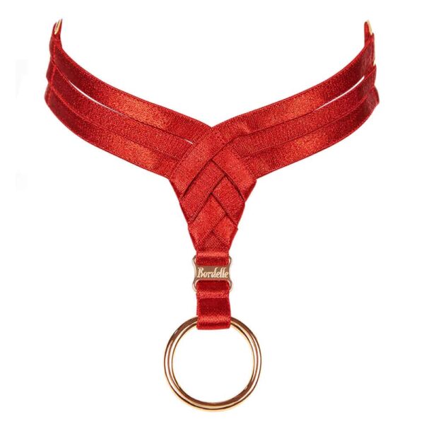 Gargantilla bondage roja con triángulo frontal y anillo dorado by Bordelle at Brigade Mondaine
