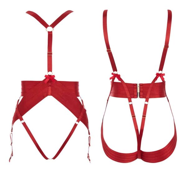 Ruby ruby elastic satin harness body with waist belt for a dominating look by Bordelle Signature at Brigade Mondaine