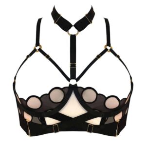 Bubble open bra in black elastic and lace with circle pattern by Bordelle at Brigade Mondaine