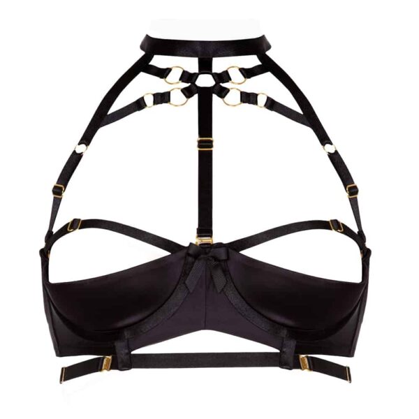 Soutien-gorge Shelf Bondage Belle en noir ajustable avec armatures remontant en ras du cou de la collection Signature de Bordelle chez Brigade Mondaine