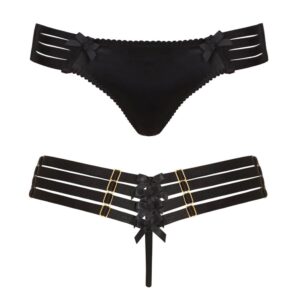 Black webbed thong with several rows of adjustable elastic in the back of Bordelle Signature at Brigade Mondaine