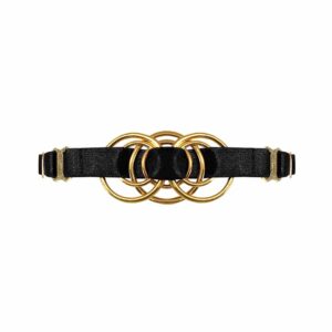 Black satin elastics choker with a gold metal piece representing an interlacing of rings in its center, Bordelle Signature at Brigade Mondaine