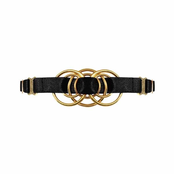 Black satin elastics choker with a gold metal piece representing an interlacing of rings in its center, Bordelle Signature at Brigade Mondaine