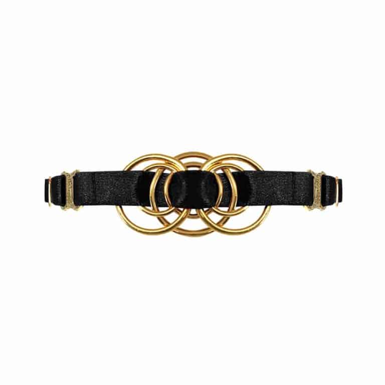 Black satin elastics choker with a gold metal piece representing an interlacing of rings in its center, Bordelle Signature at Brigade Mondaine