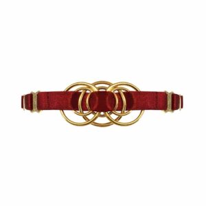 Necklace in red satin elastic with gold metal piece representing an interlacing d'rings in its center, Bordelle Signature at Brigade Mondaine
