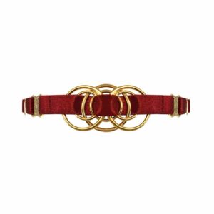 Red satin elastic necklace with a golden metal piece representing an interlacing of rings in its center, Bordelle Signature at Brigade Mondaine