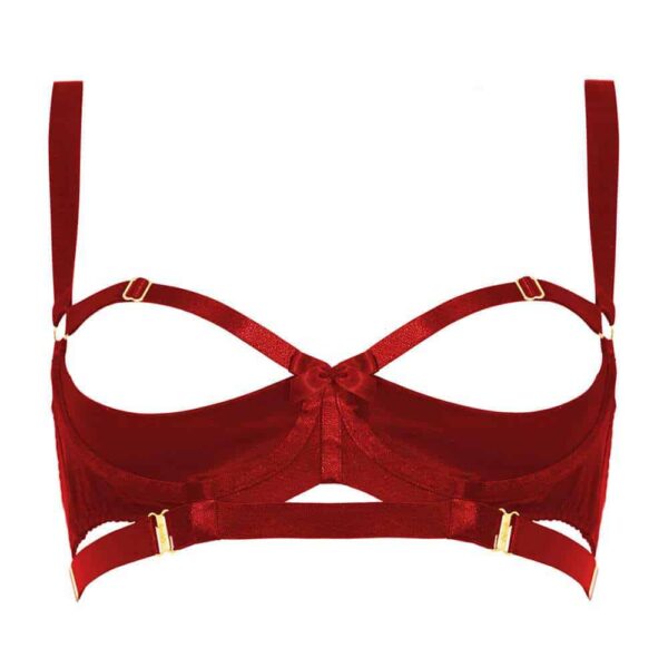 Red bondage open neck bra by Bordelle at Brigade Mondaine