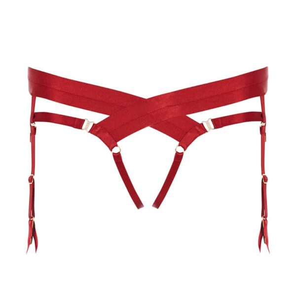 Red wide elastic suspender belt briefs by Bordelle at Brigade Mondaine