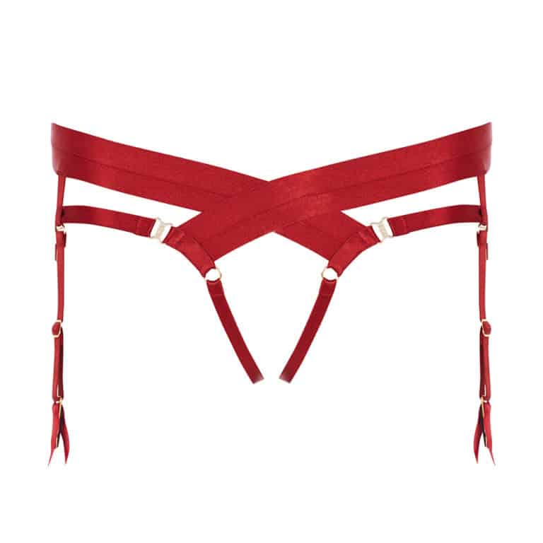 Red wide elastic suspender belt briefs by Bordelle at Brigade Mondaine