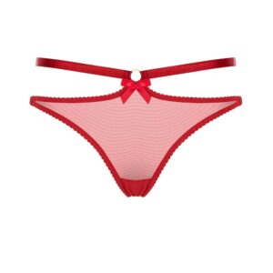 Red fishnet thong harness with a line of elastic at the front to emphasize your hips, ending in a bow at the back by Bordelle Signature at Brigade Mondaine