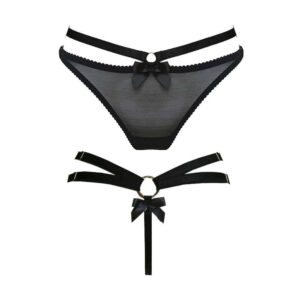 G-string harness black fishnet with a line d'elastic at the front to emphasize your hips that ends with a ring and a knot at l'back by Bordelle Signature at Brigade Mondaine