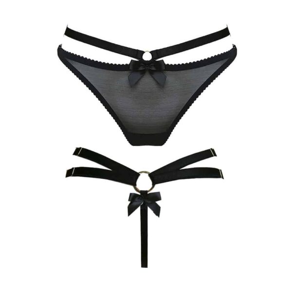 Black fishnet thong harness with a line of elastic at the front to emphasize your hips that ends with a ring and a knot at the back by Bordelle Signature at Brigade Mondaine