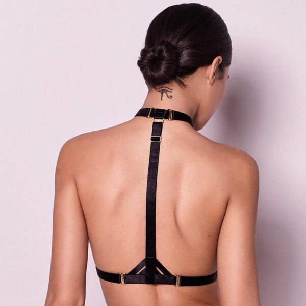 black bondage harnesses with wide elastic bands with neck and waistband with vertical link by Bordelle Signature at Brigade Mondaine