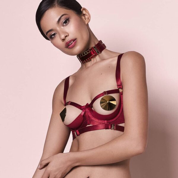 Red bondage open neck bra by Bordelle at Brigade Mondaine