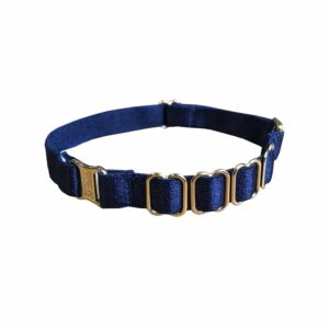 Navy blue satin elastic strap with gold attachments and details BORDELLE at Brigade Mondaine