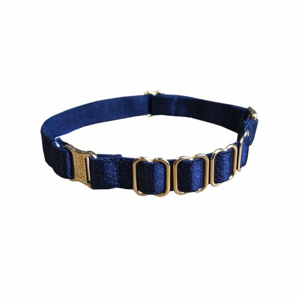 Navy blue satin elastic strap with gold attachments and details BORDELLE at Brigade Mondaine
