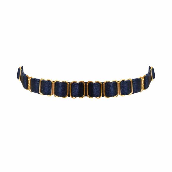 Collier choker en élastique satiné bleu marine avec attaches et détails dorés BORDELLE chez Brigade Mondaine