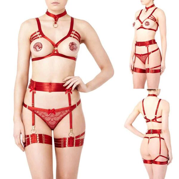 Bondage suspender belt in red satin elastic by Bordelle at Brigade Mondaine